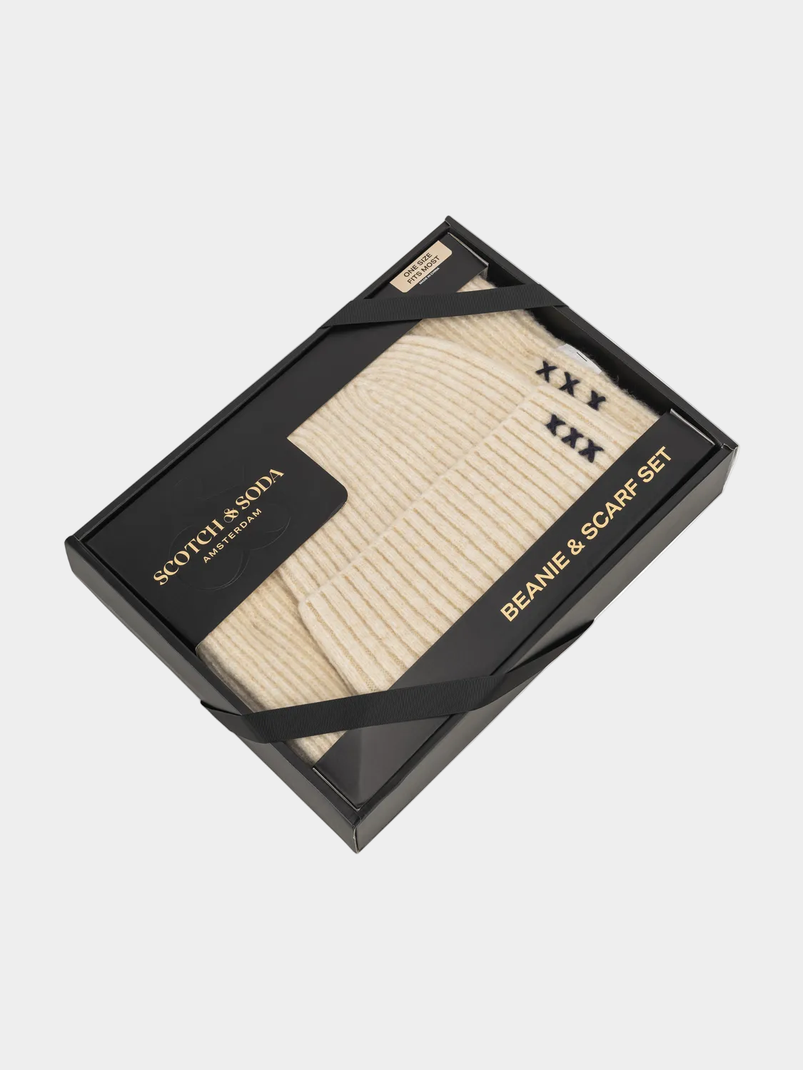 Beanie and scarf set in packaging with 'Scotch & Soda' branding on a white background