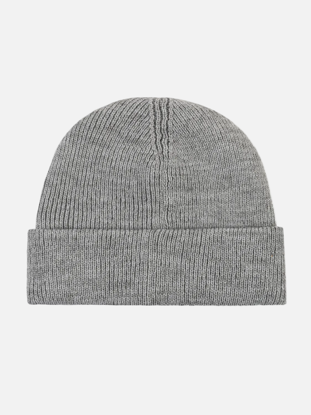 A classic ribbed knit beanie hat in a heather gray color, shown from a front-facing perspective on a solid white background.
