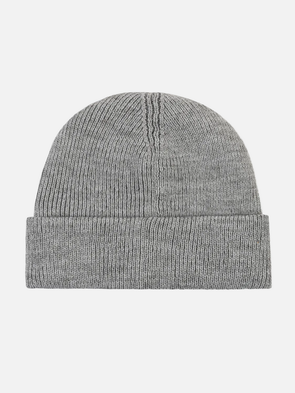 A classic ribbed knit beanie hat in a heather gray color, shown from a front-facing perspective on a solid white background.