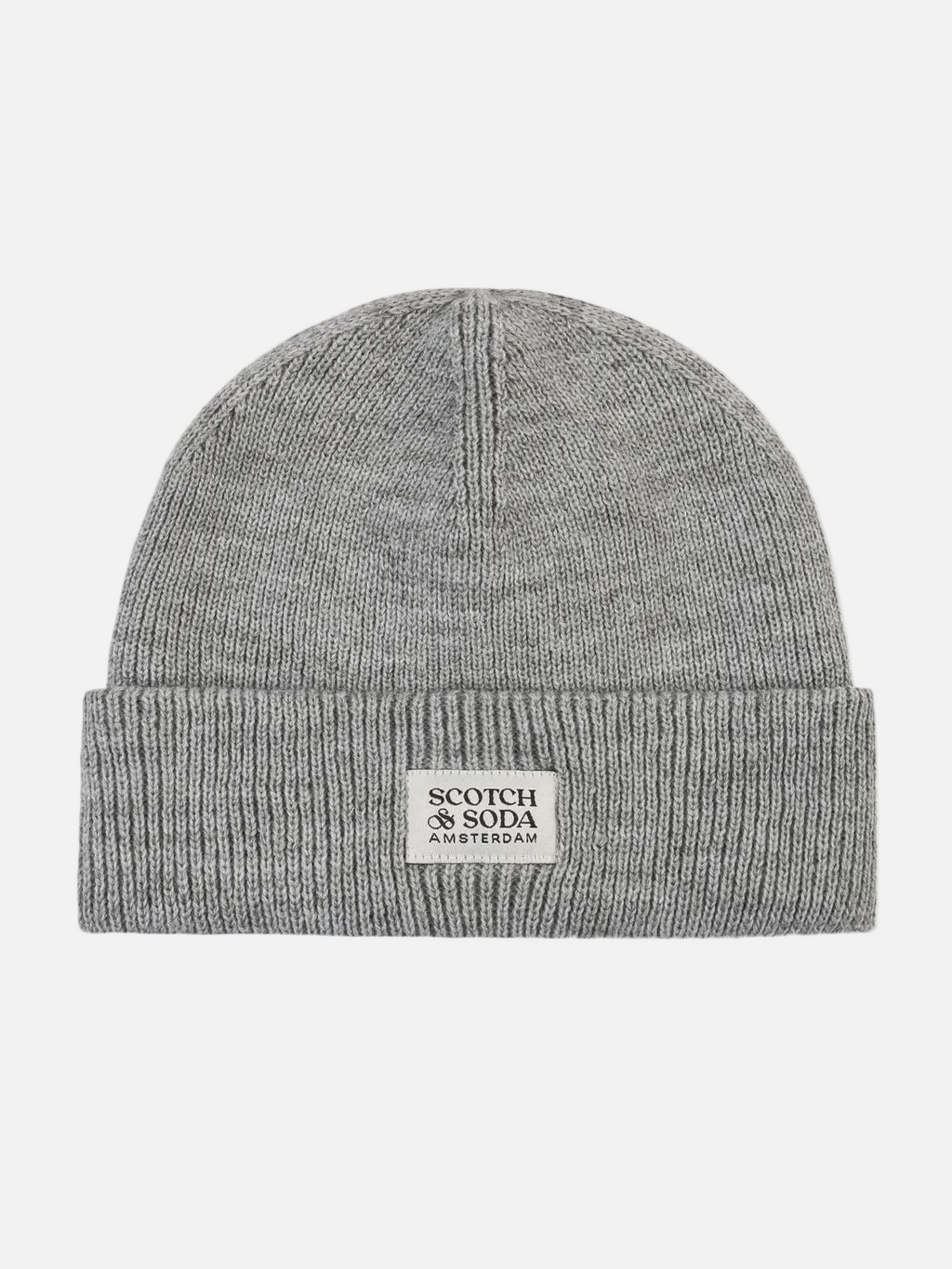 A light gray ribbed knit beanie hat with a folded cuff and a small white rectangular patch reading 'SCOTCH SODA AMSTERDAM' on the front, shown against a plain white background.