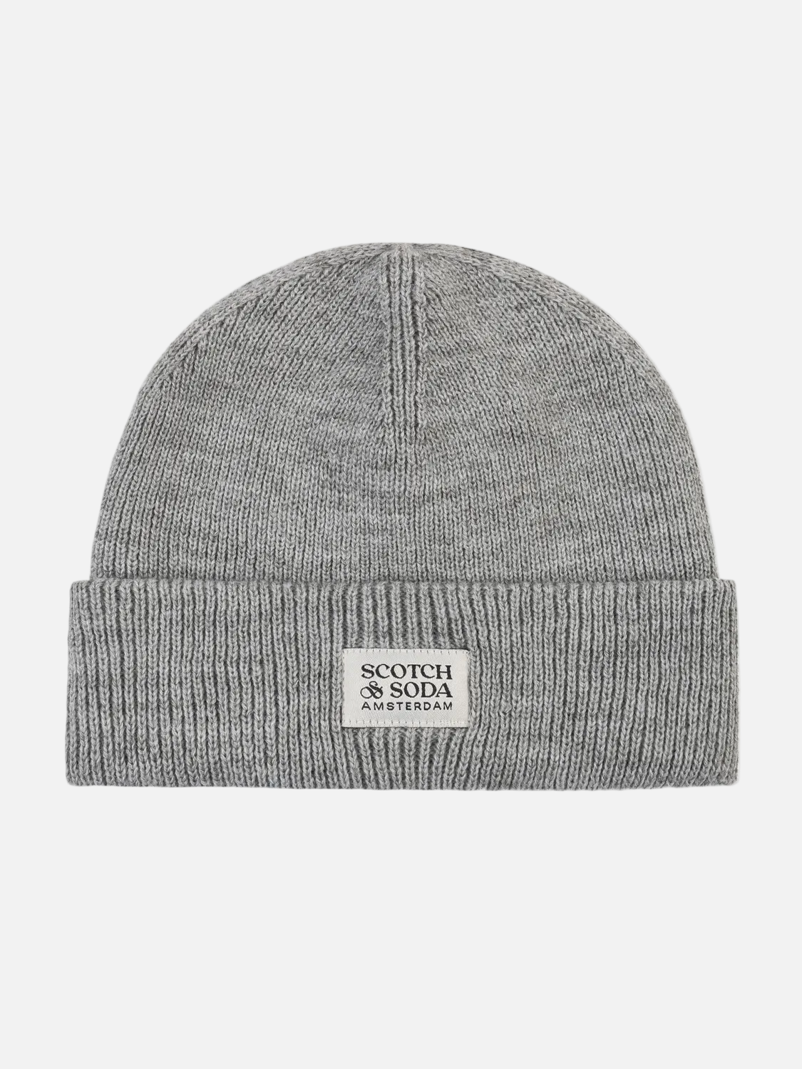 A light gray ribbed knit beanie hat with a folded cuff and a small white rectangular patch reading 'SCOTCH SODA AMSTERDAM' on the front, shown against a plain white background.