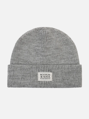 A light gray ribbed knit beanie hat with a folded cuff and a small white rectangular patch reading 'SCOTCH SODA AMSTERDAM' on the front, shown against a plain white background.