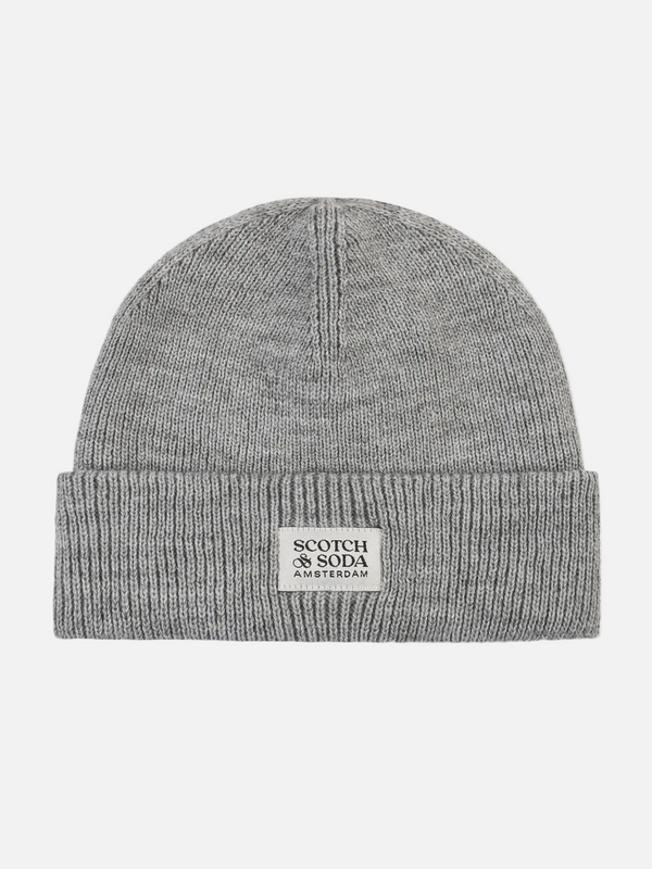 A light gray ribbed knit beanie hat with a folded cuff and a small white rectangular patch reading 'SCOTCH SODA AMSTERDAM' on the front, shown against a plain white background.