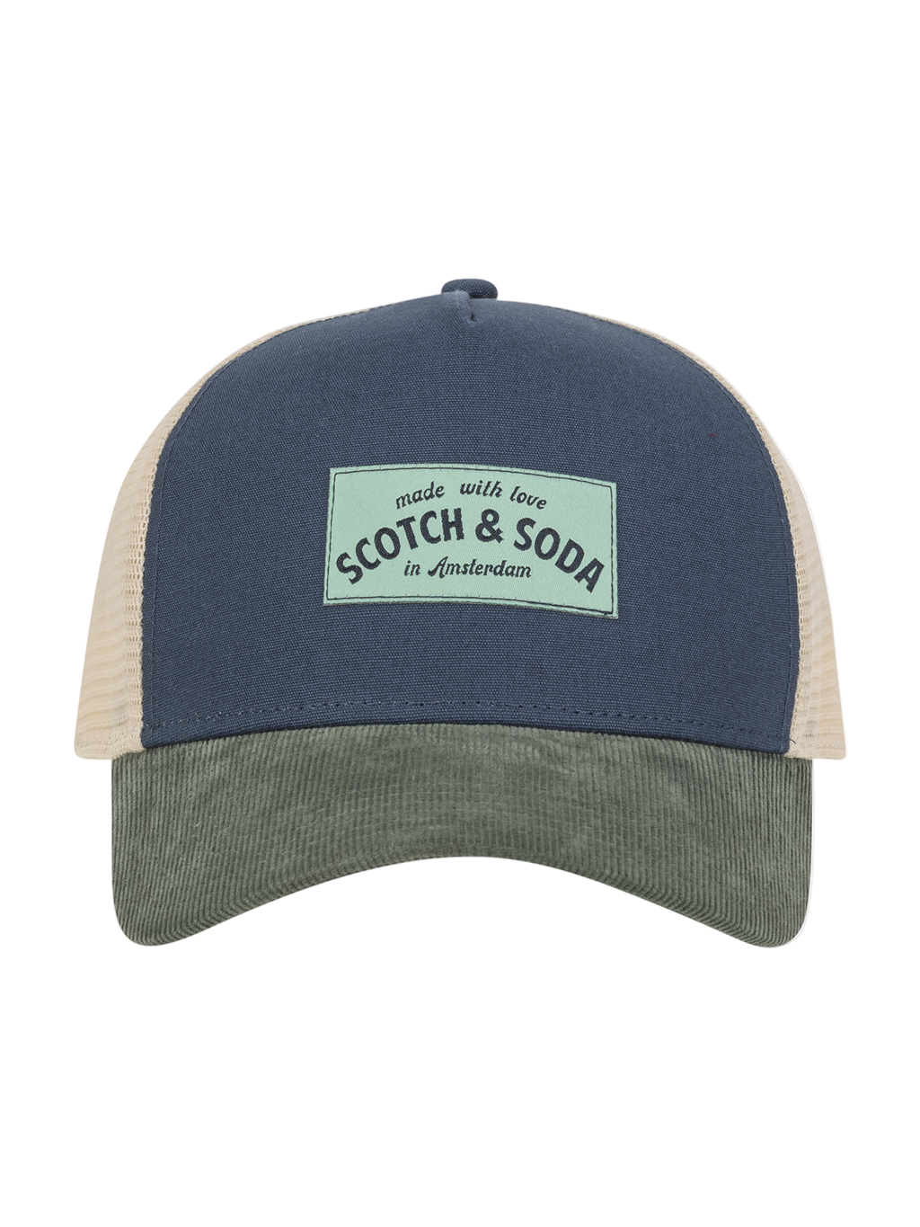 Two-tone cap with mesh back and brand logo on a white background