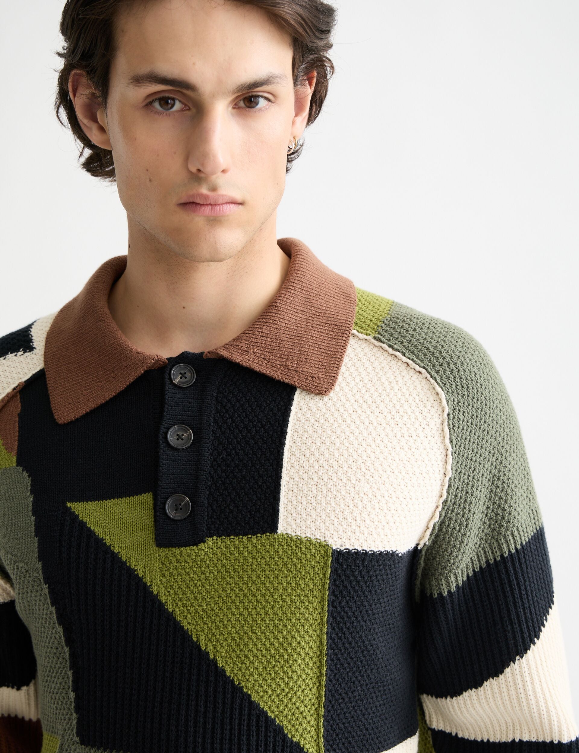 Patch work long sleeve polo