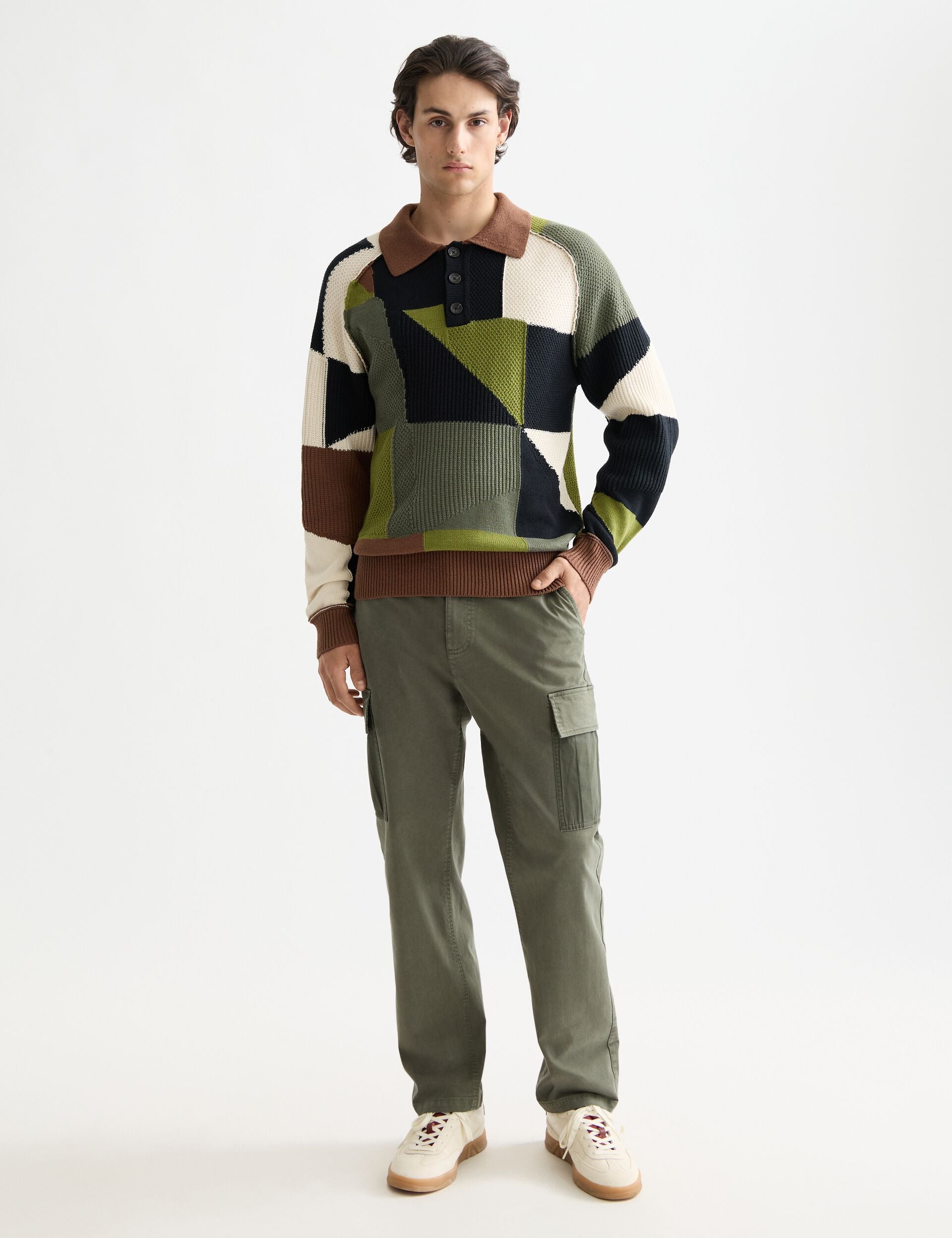 Patch work long sleeve polo