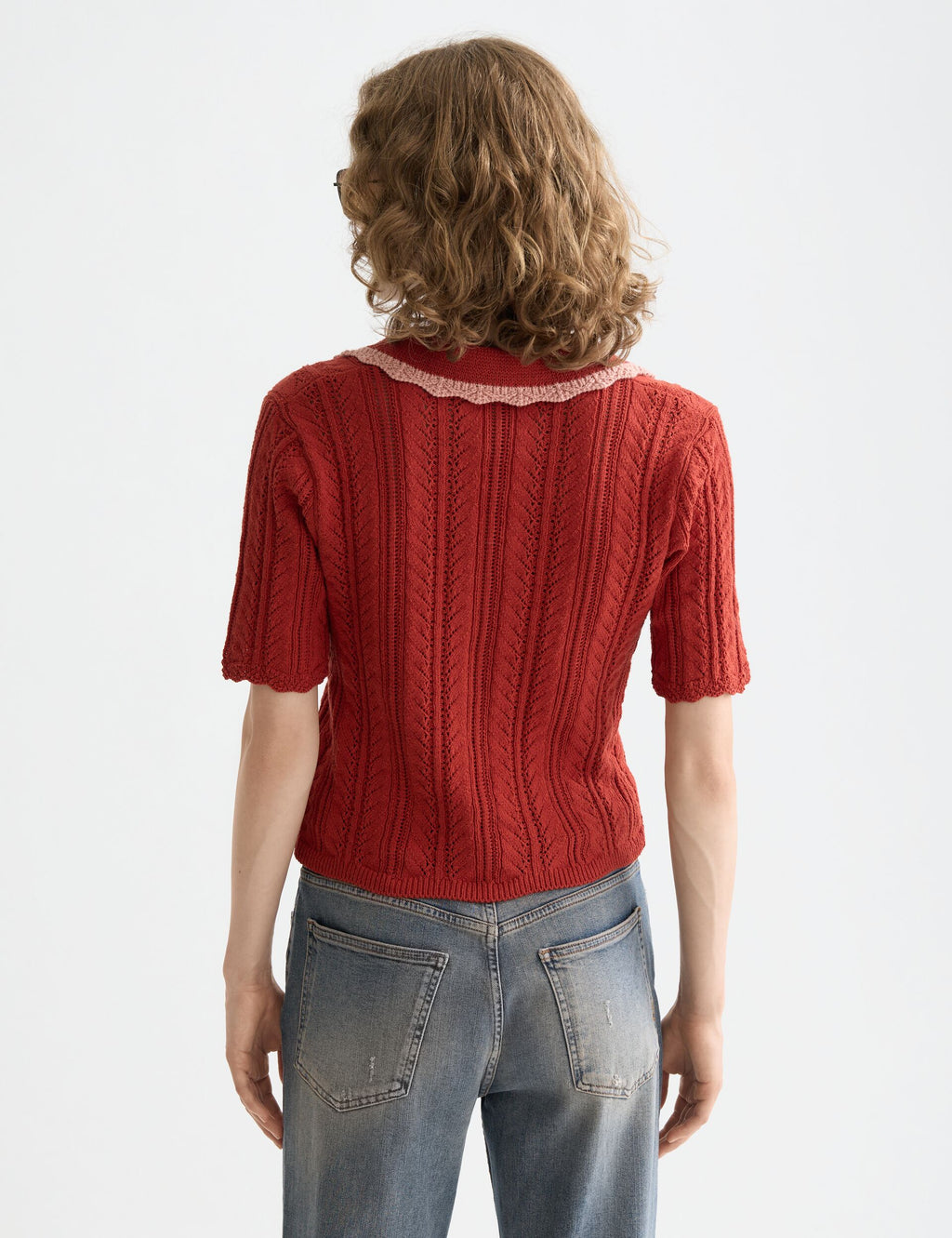 Pointelle collared knitted polo