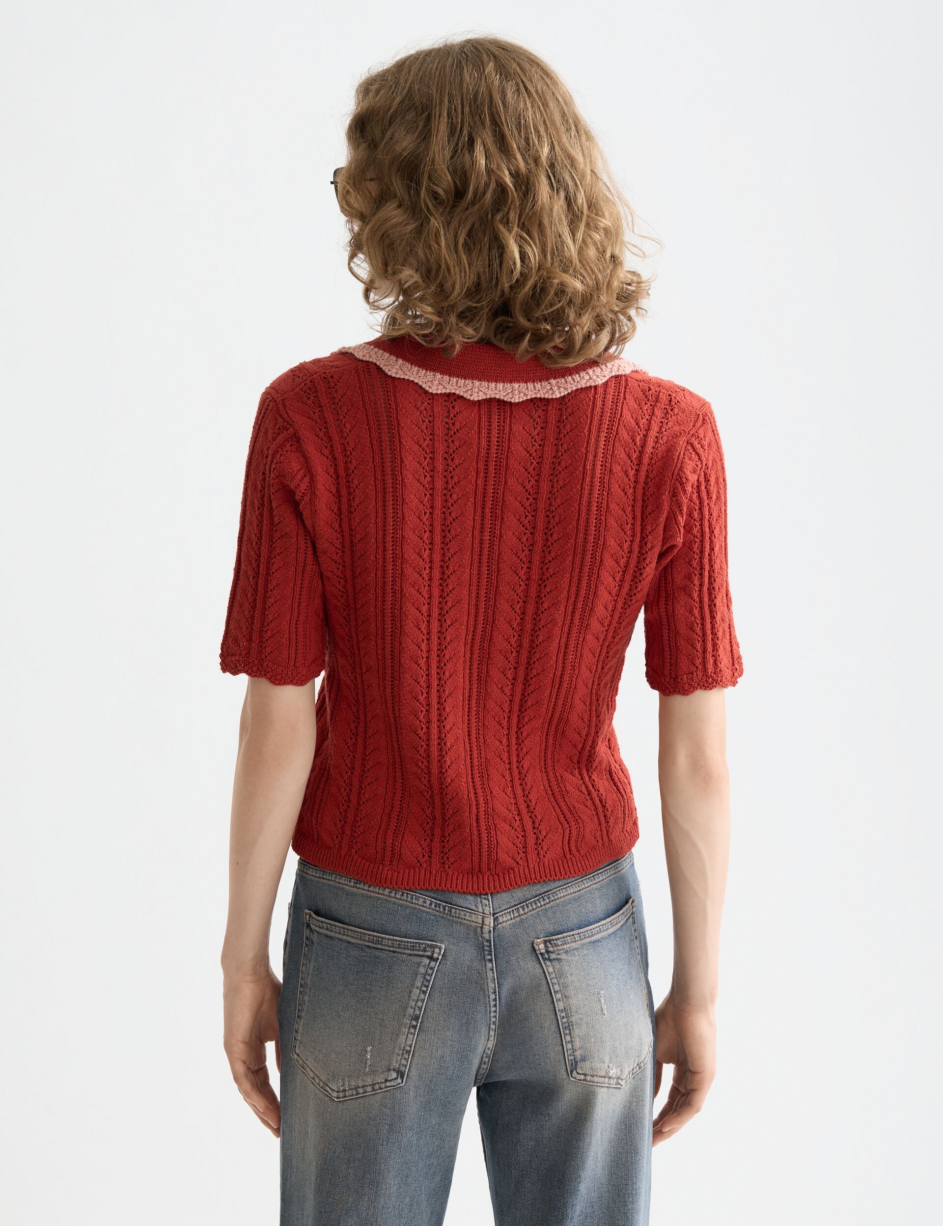 Pointelle collared knitted polo