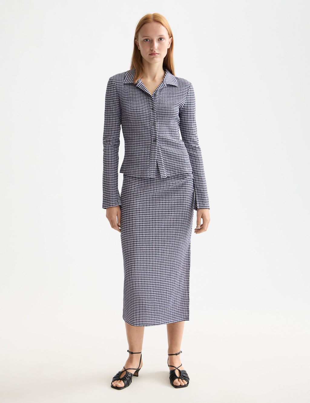 Structured gingham button up long sleeve T-shirt