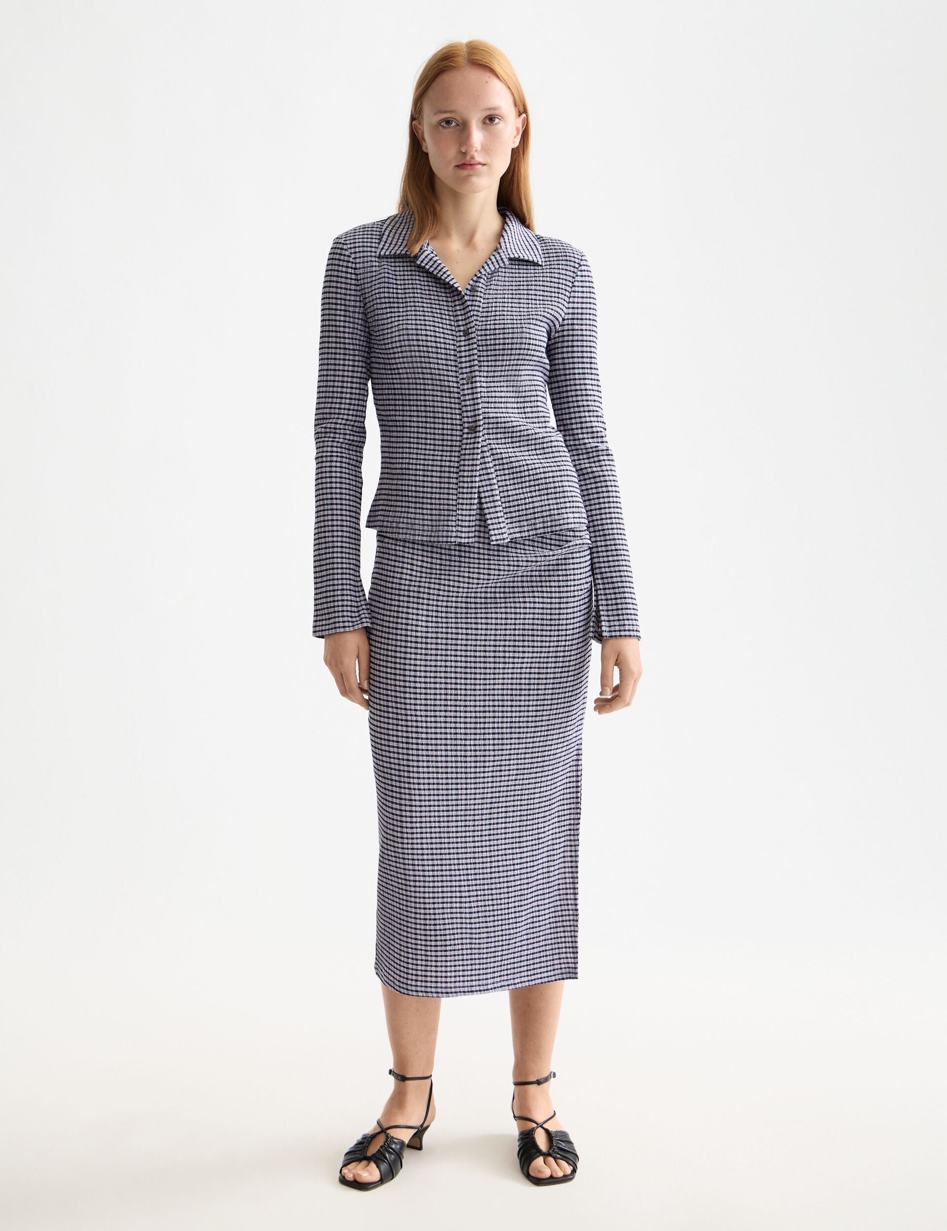 Structured gingham button up long sleeve T-shirt