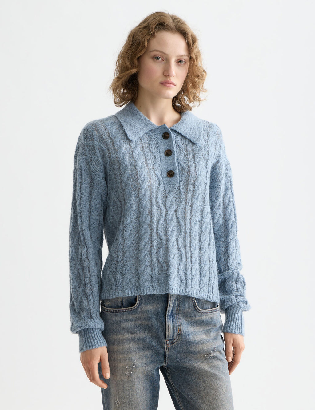 Cable stitch polo neck pullover