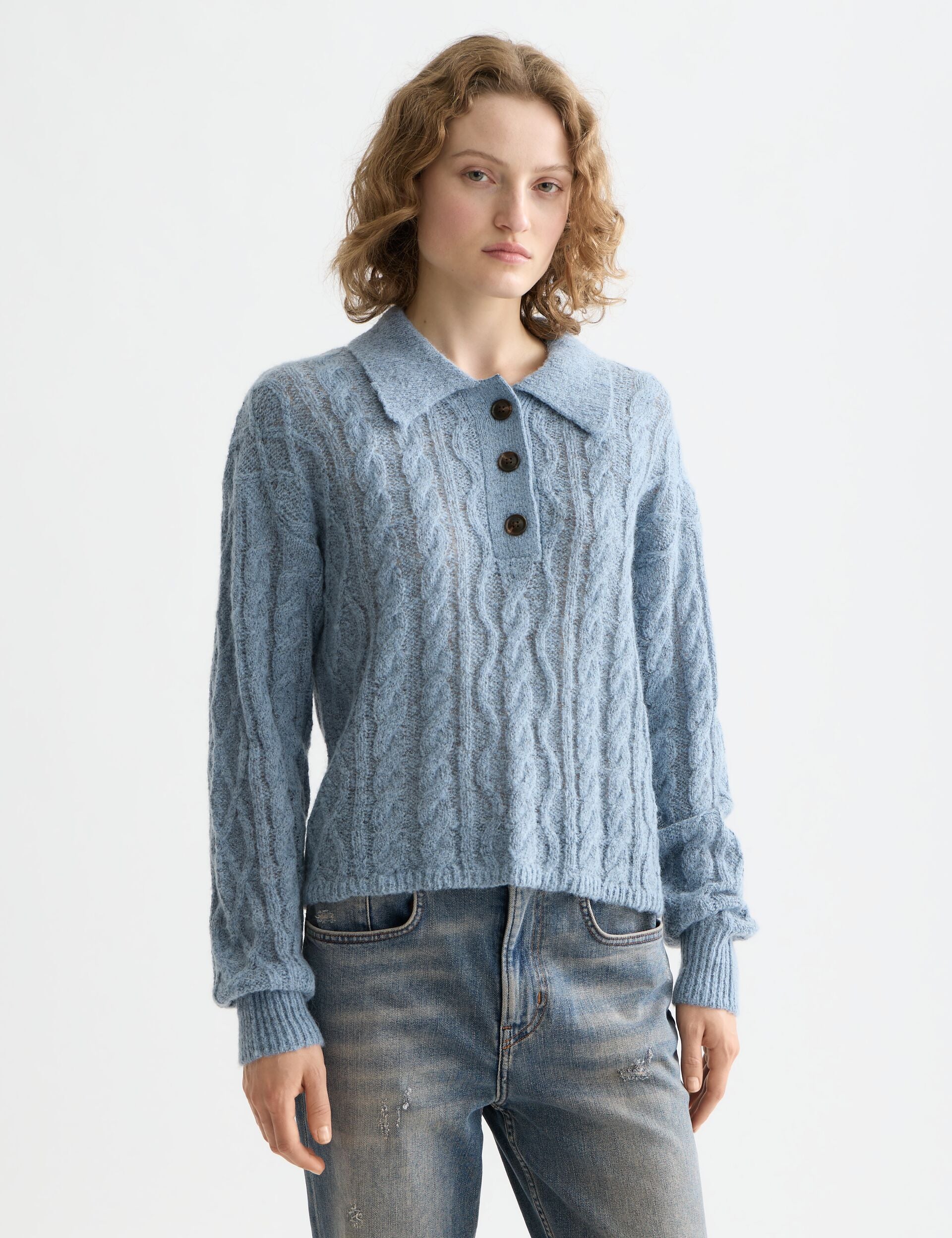 Cable stitch polo neck pullover