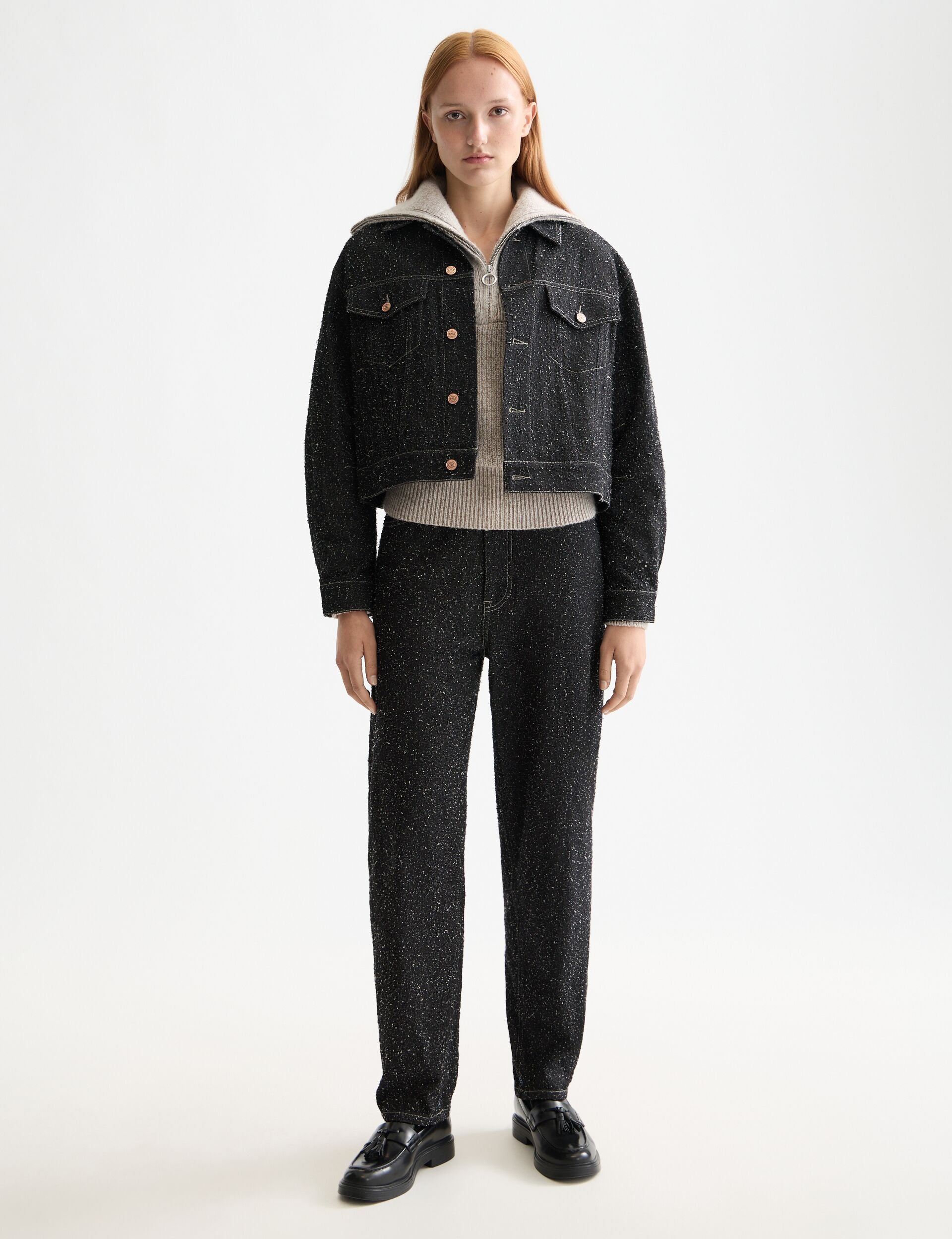 Black denim textured oversized jacket — Black Snow