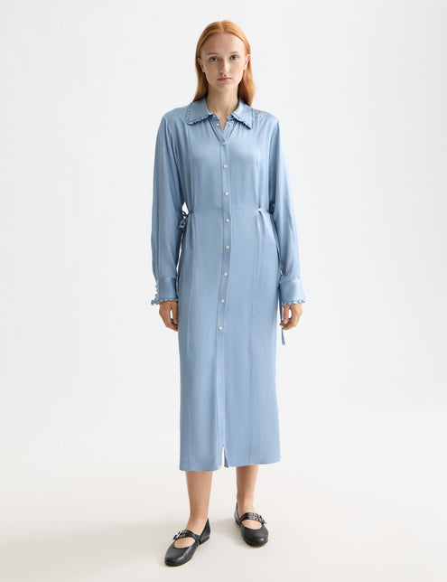 Robe-chemise midi à taille nouée et volants