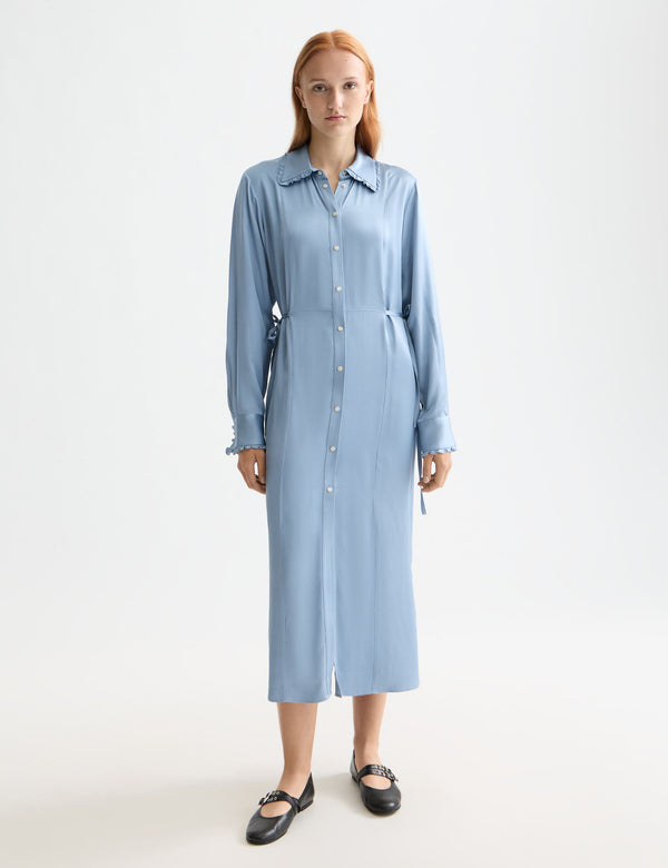 Robe-chemise midi à taille nouée et volants