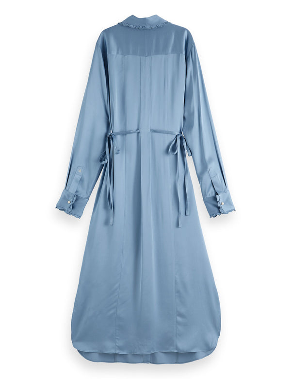 Robe-chemise midi à taille nouée et volants