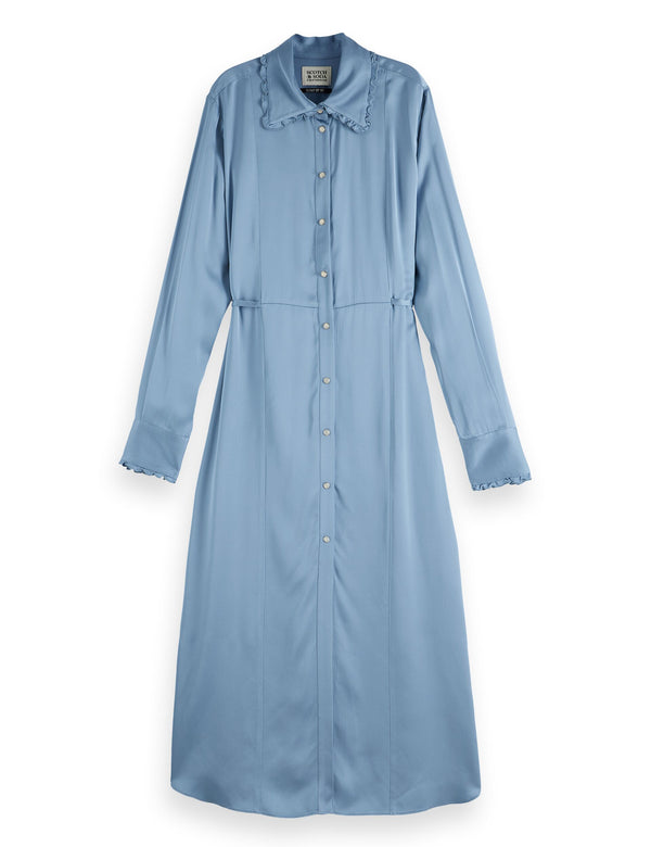 Robe-chemise midi à taille nouée et volants