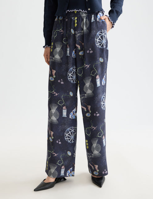 Gia - Pantalon taille mi-haute à jambes larges et élastiquées, imprimé bloc