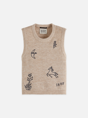 Embroidered Crew Neck Knitted Tank