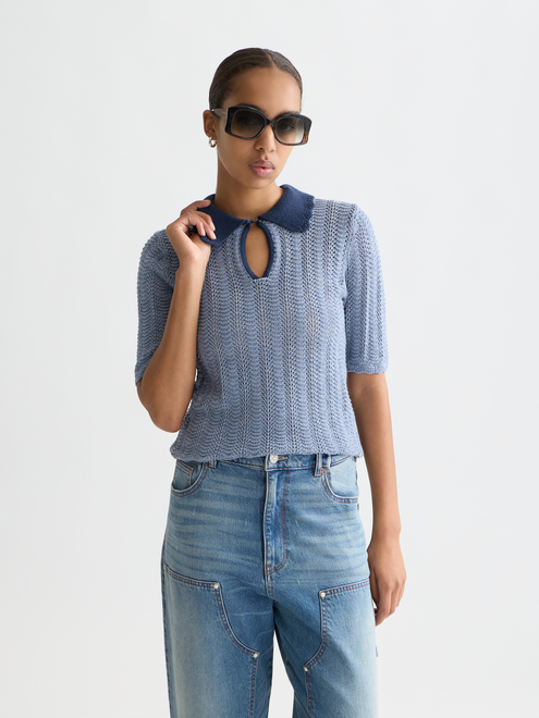 Strick-T-Shirt mit Pointelle-Kragen