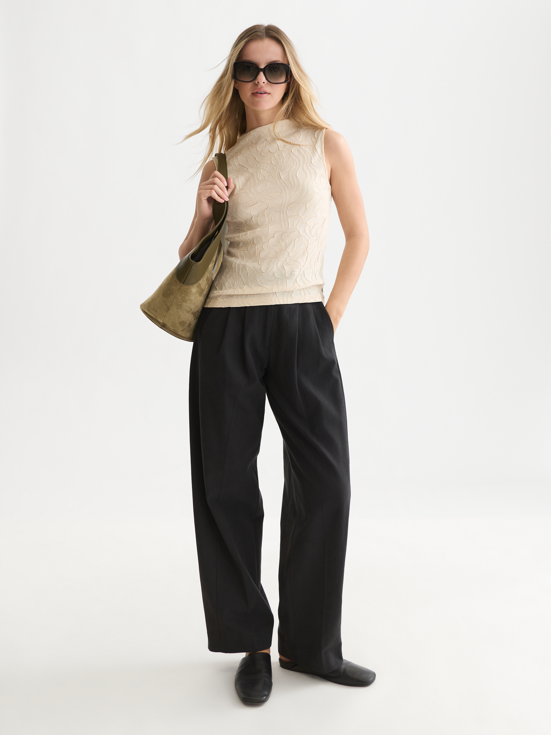 Embossed Pleat Mock Neck Tank