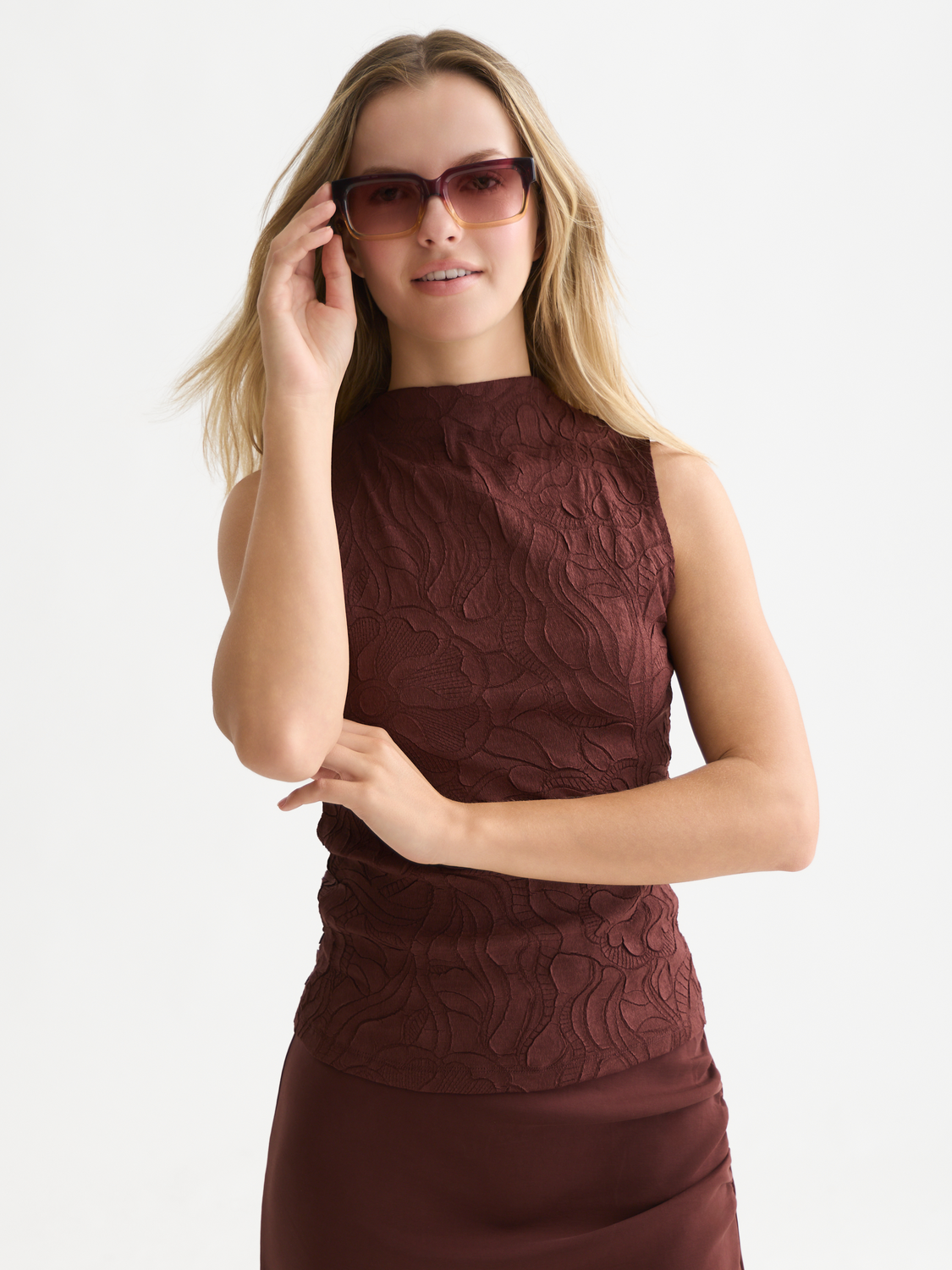 Embossed Pleat Mock Neck Tank