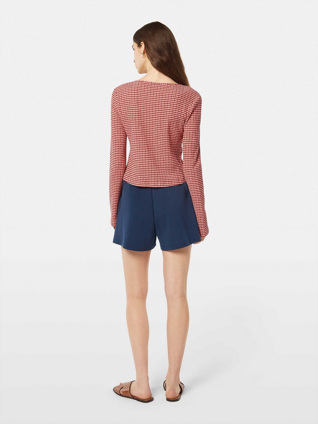 Structured Gingham Tie Front Long Sleeve Shirt