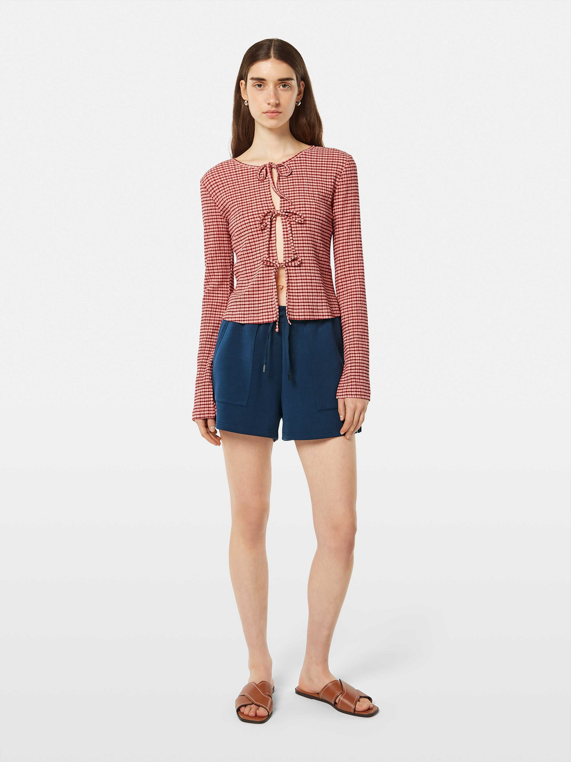 Structured Gingham Tie Front Long Sleeve Shirt