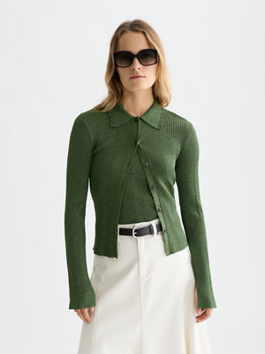Metallic Ribbed Collared Cardigan