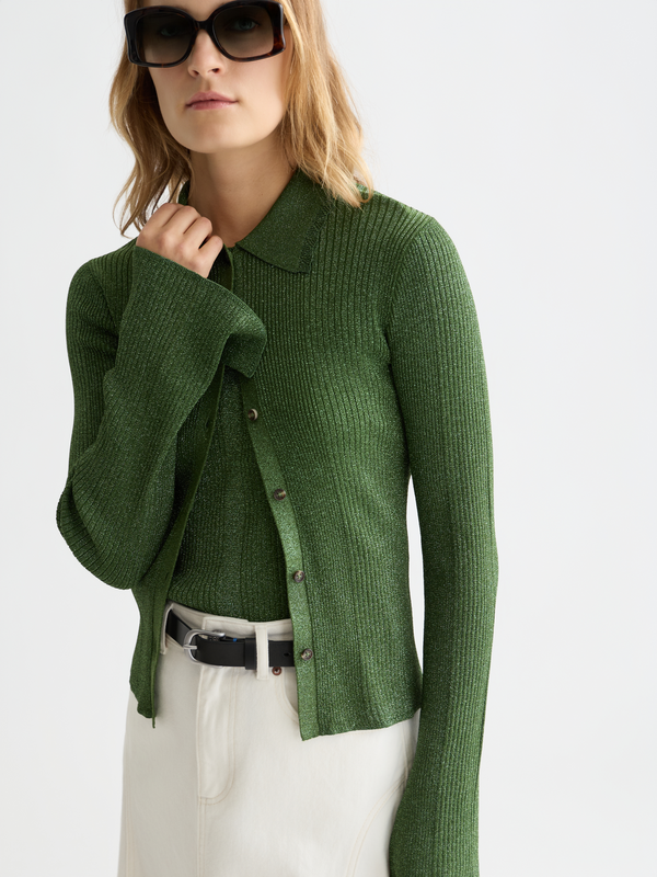 Metallic Ribbed Collared Cardigan