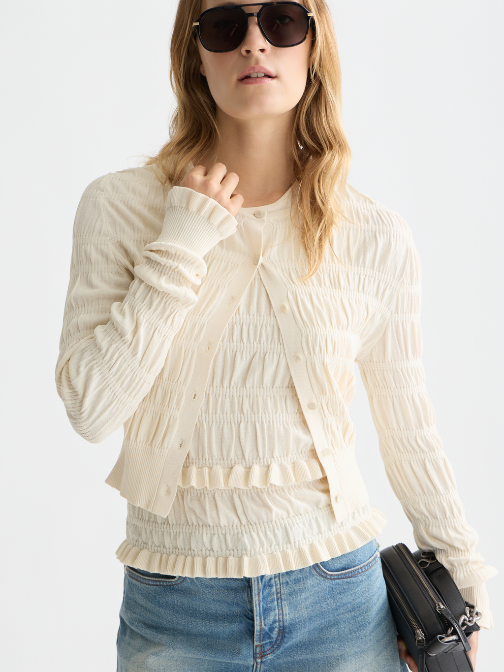 Smock Stitch Crew Neck Cardigan
