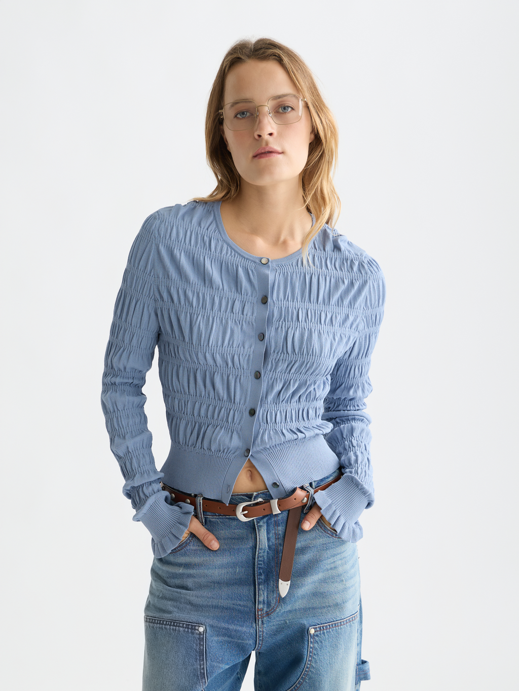 Smock Stitch Crew Neck Cardigan