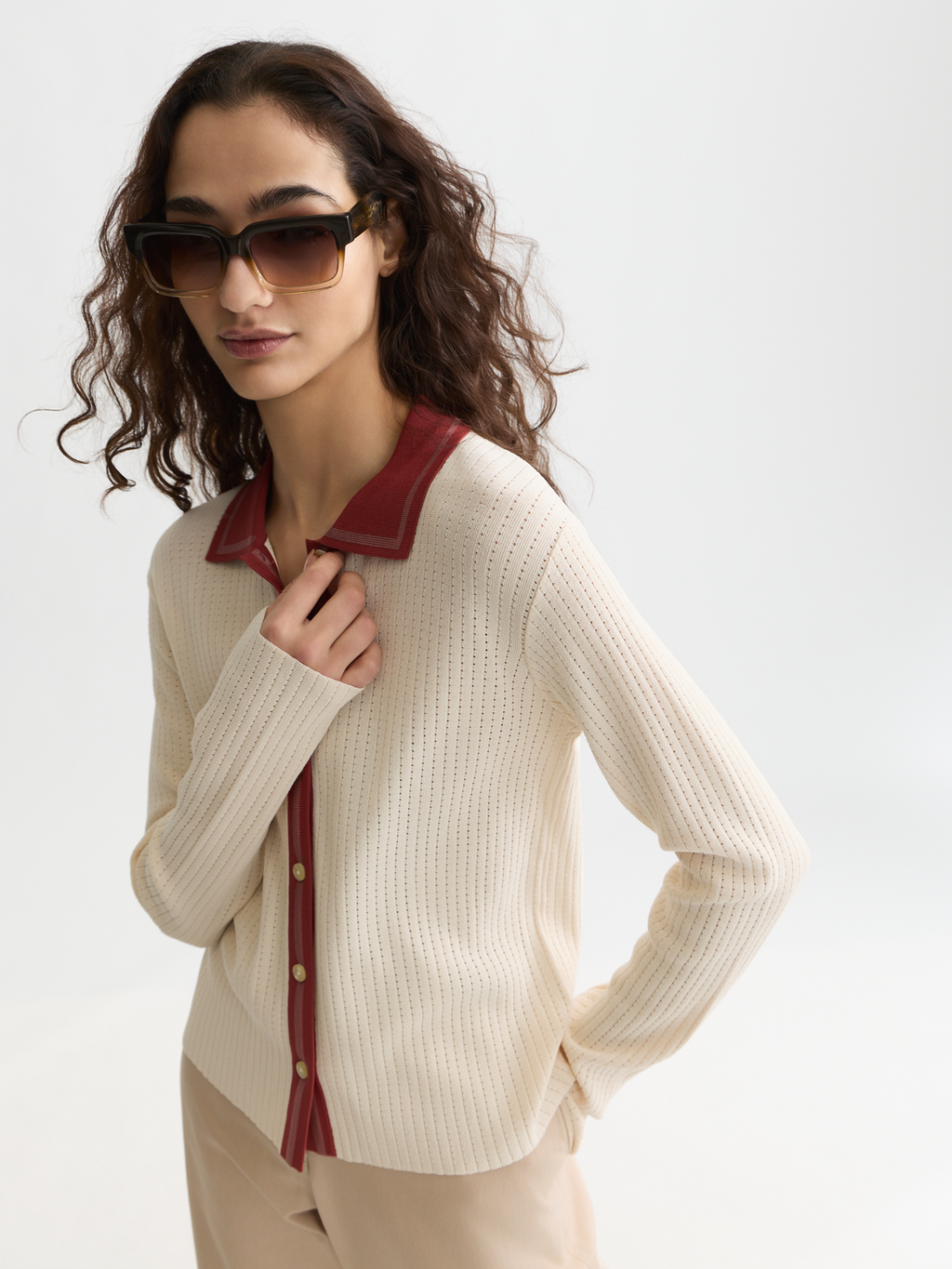 Pointelle Knitted Polo-Neck Cardigan