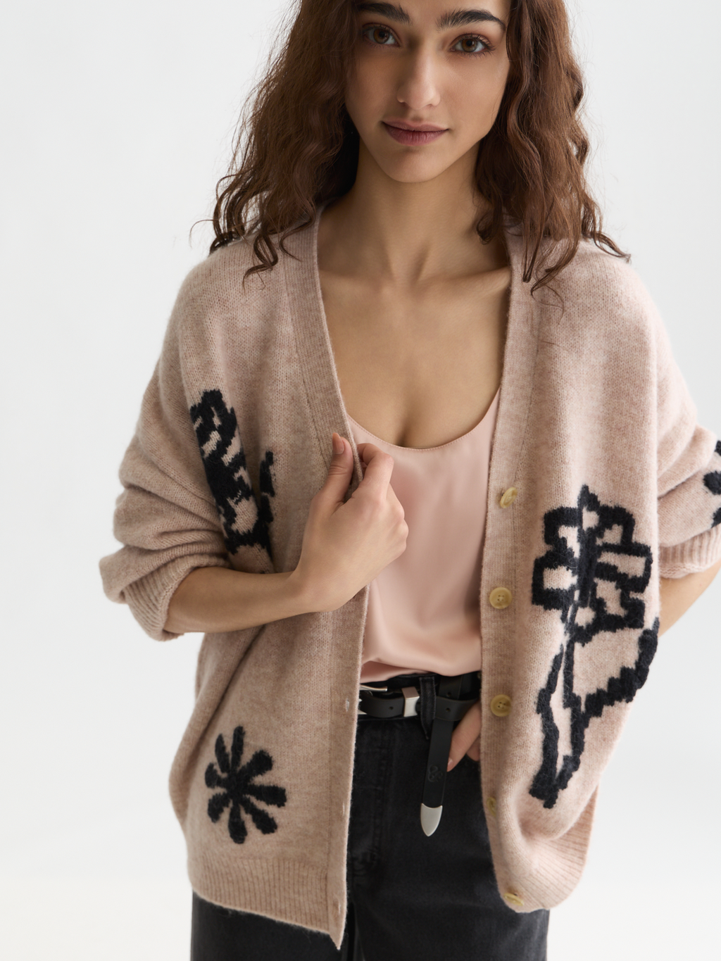 Intarsia Oversized-Fit Cardigan