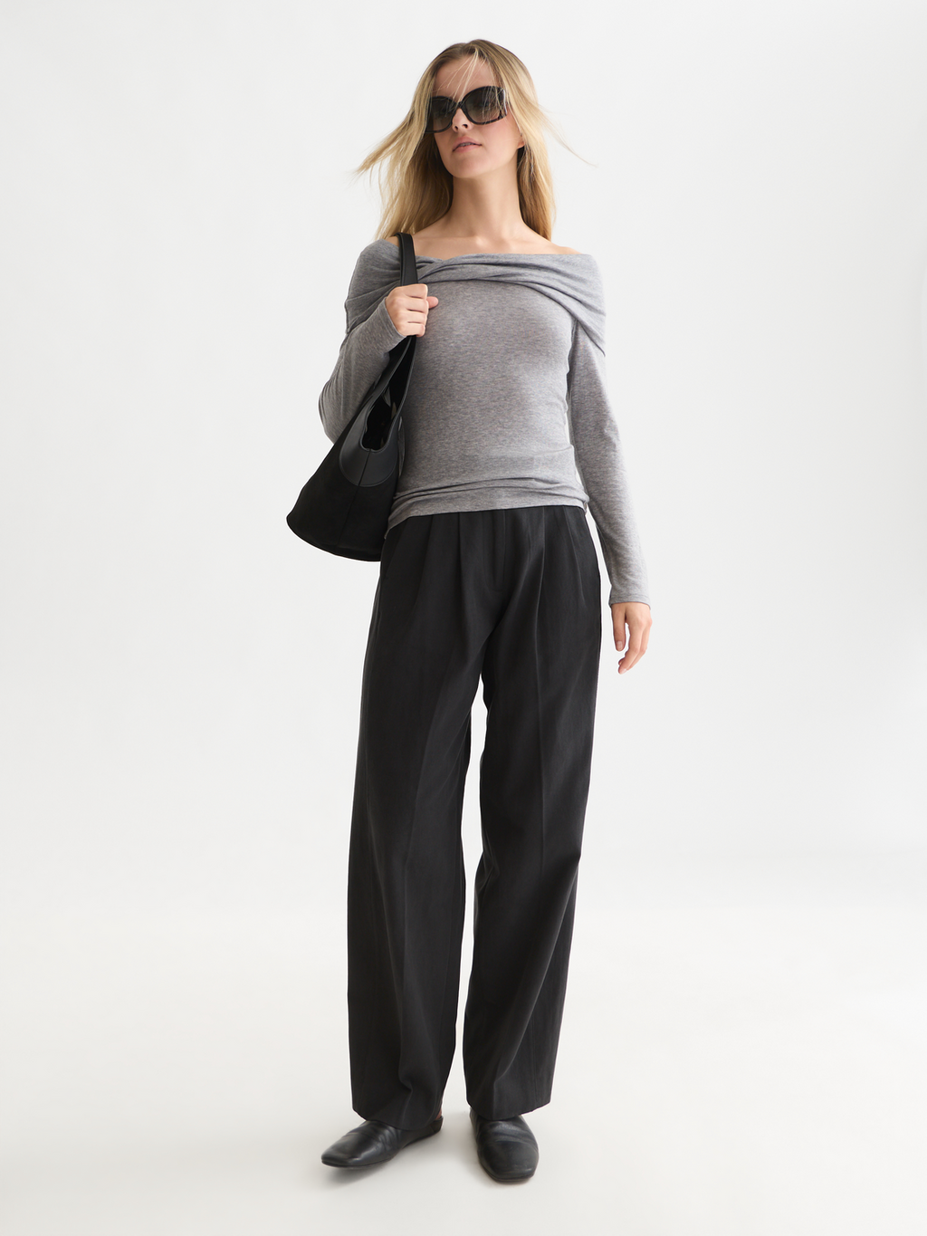 Twisted Neckline Wool-Blend Long Sleeve T-Shirt