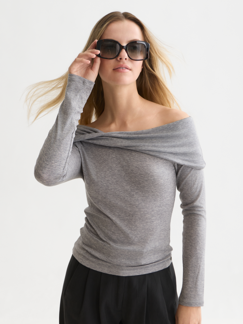 Twisted Neckline Wool-Blend Long Sleeve T-Shirt