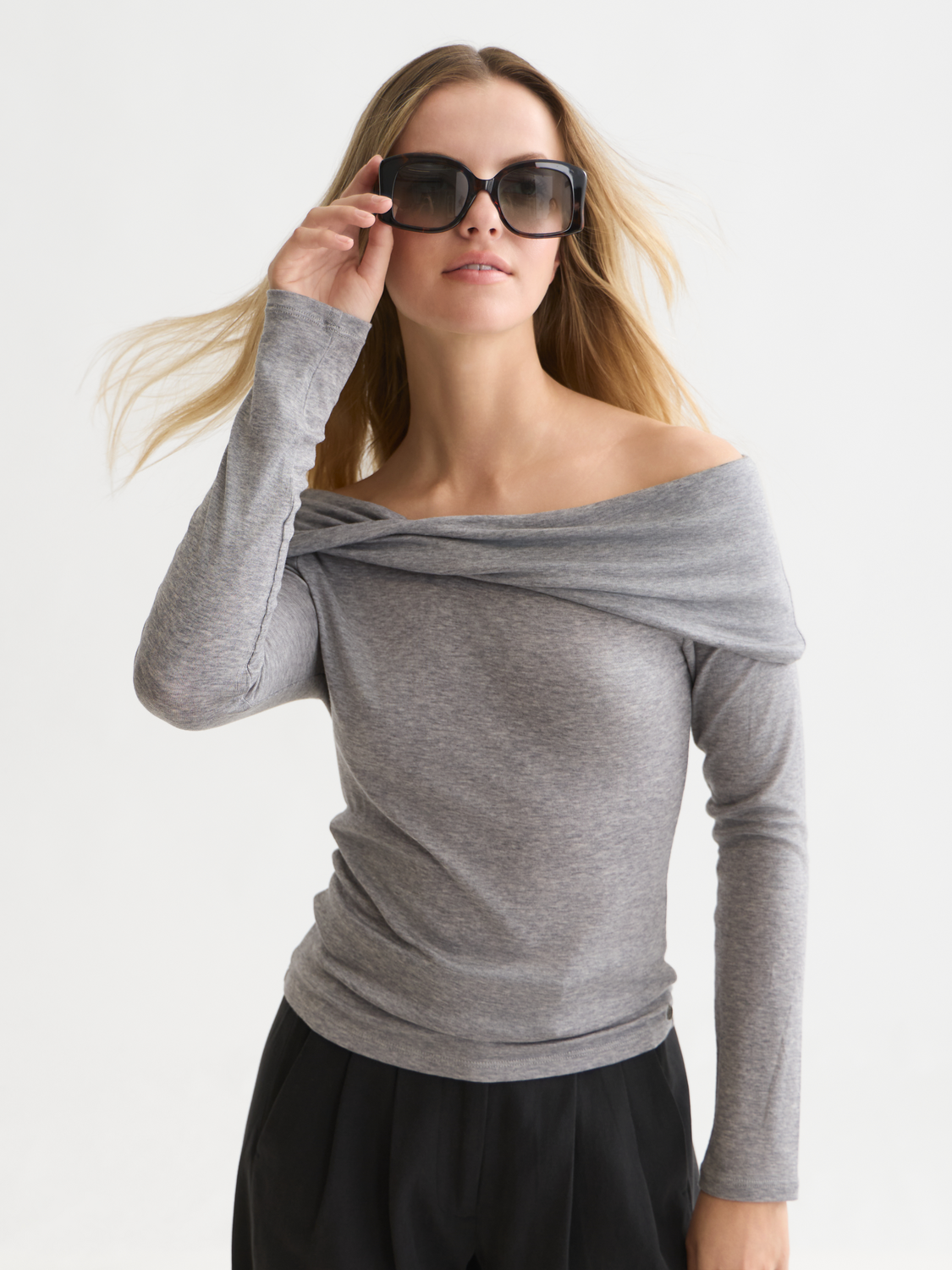 Twisted Neckline Wool-Blend Long Sleeve T-Shirt