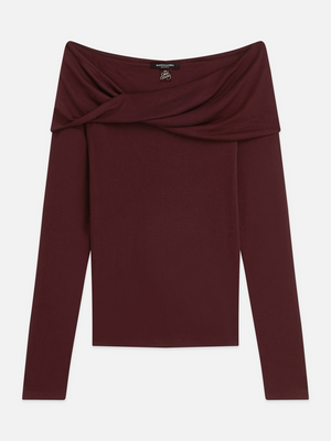 Twisted Neckline Wool-Blend Long Sleeve T-Shirt