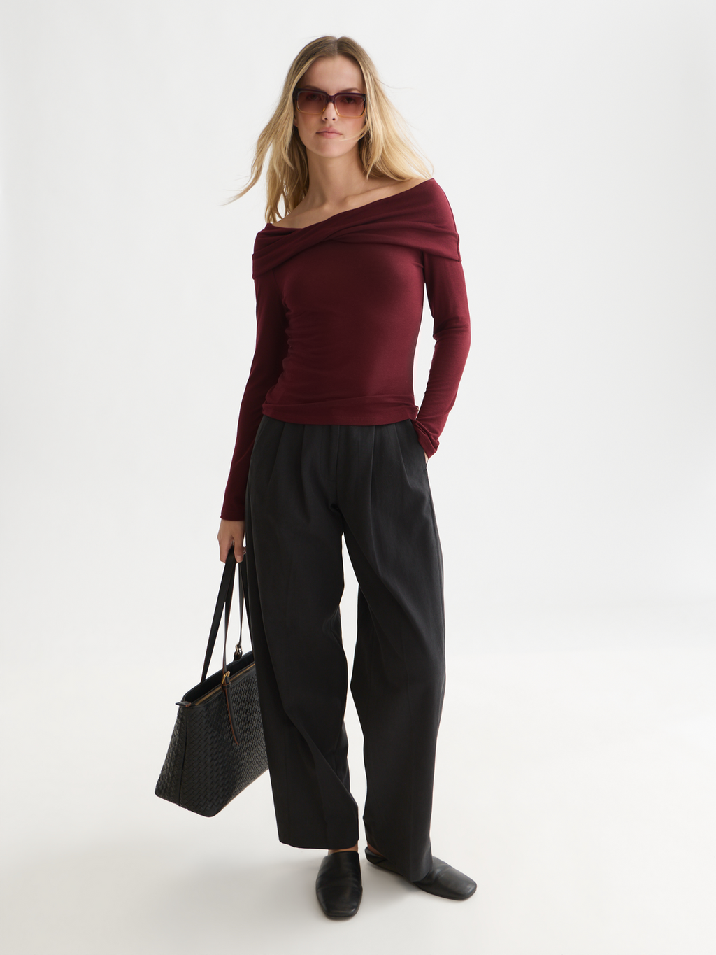 Twisted Neckline Wool-Blend Long Sleeve T-Shirt