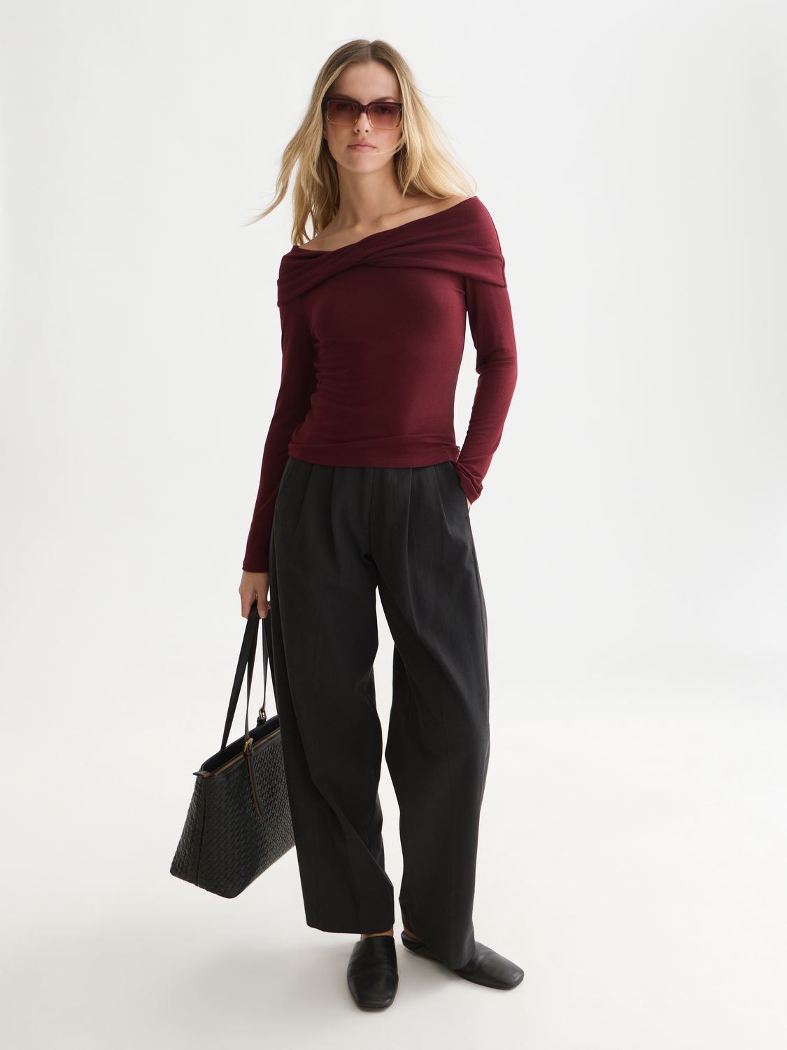 Twisted Neckline Wool-Blend Long Sleeve T-Shirt