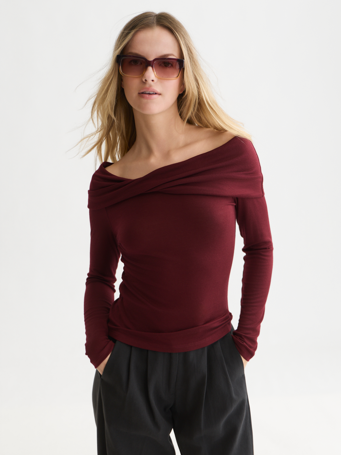 Twisted Neckline Wool-Blend Long Sleeve T-Shirt