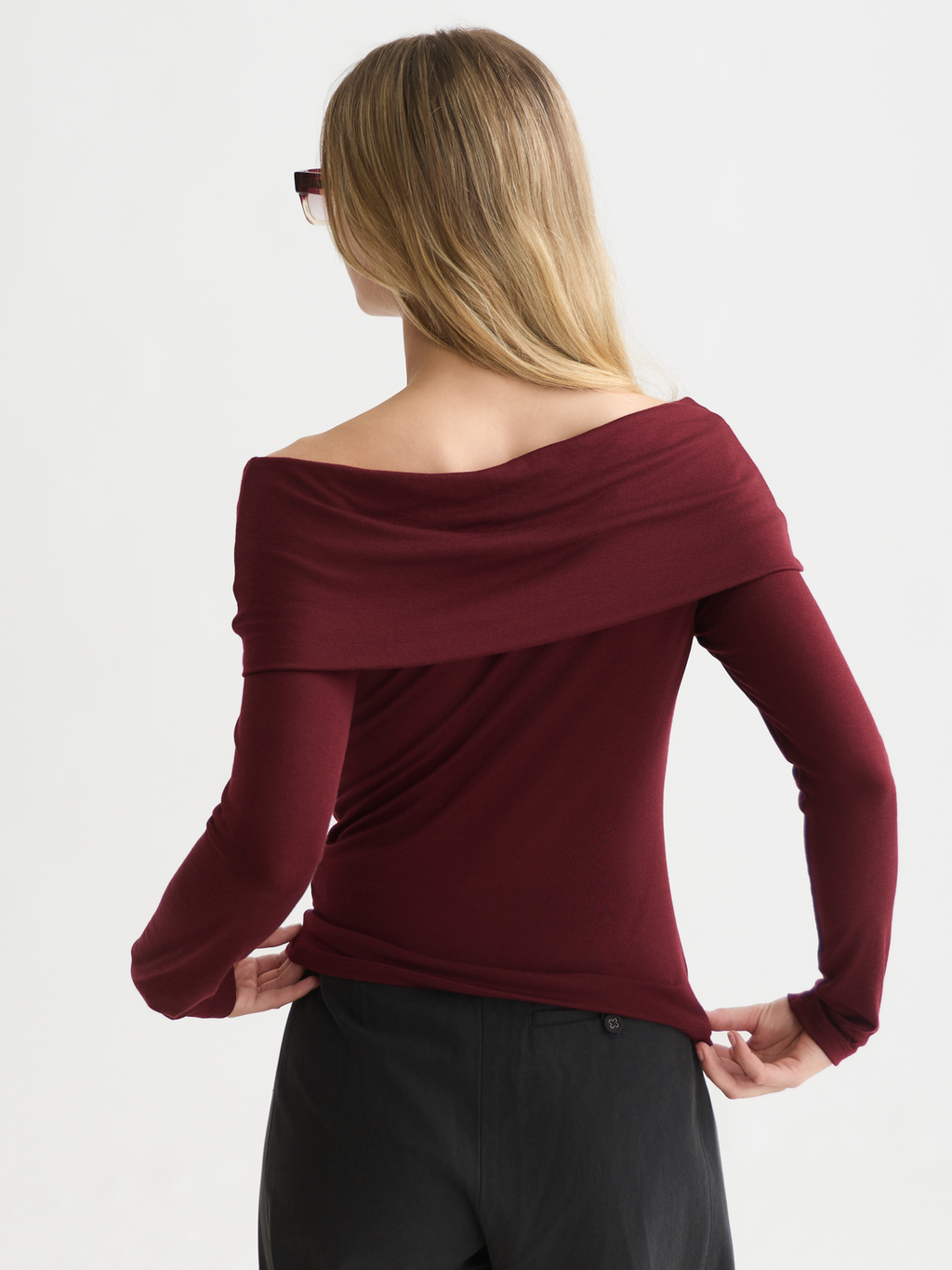 Twisted Neckline Wool-Blend Long Sleeve T-Shirt