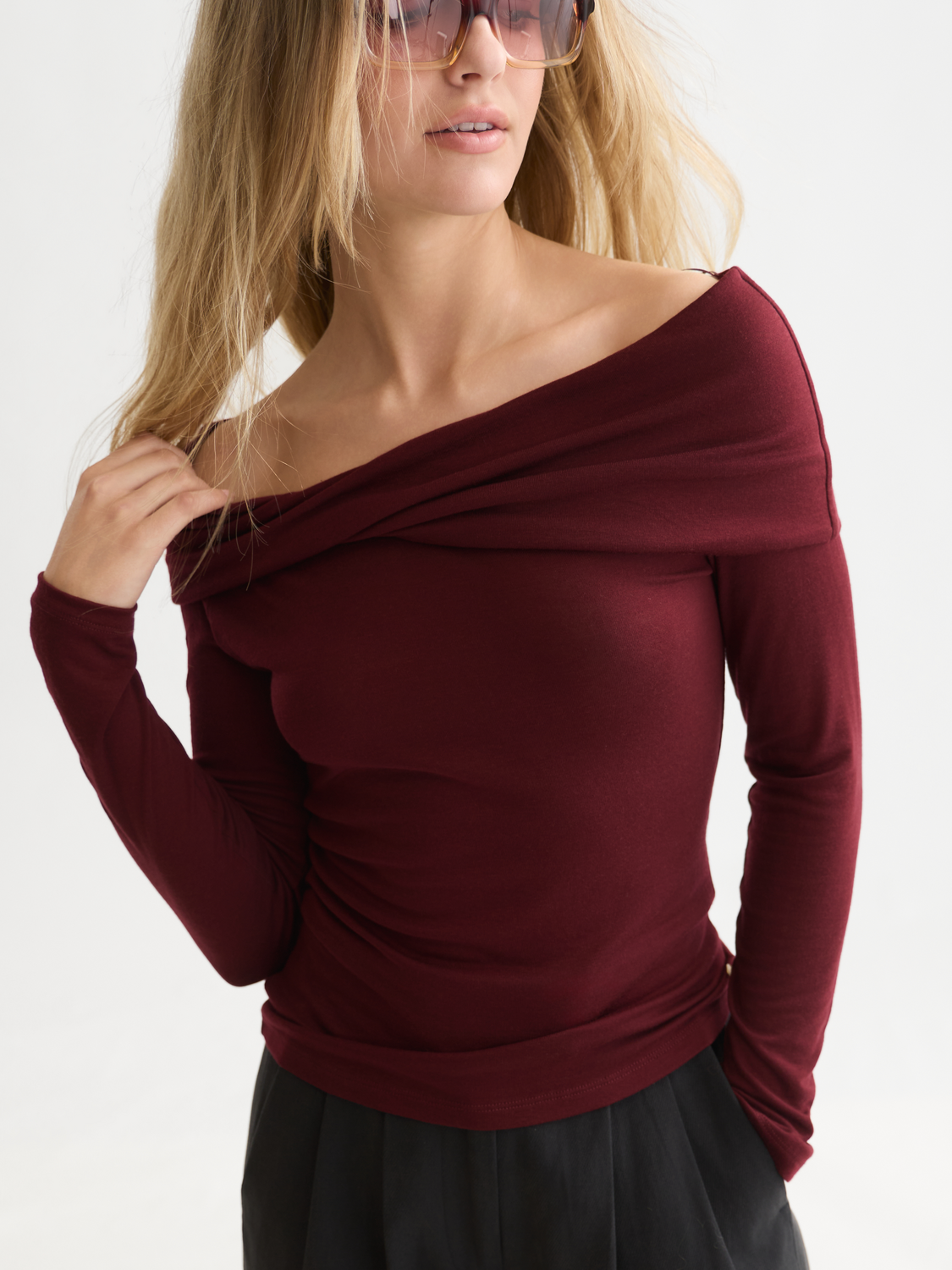 Twisted Neckline Wool-Blend Long Sleeve T-Shirt