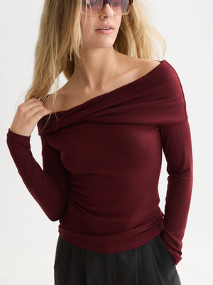 Twisted Neckline Wool-Blend Long Sleeve T-Shirt