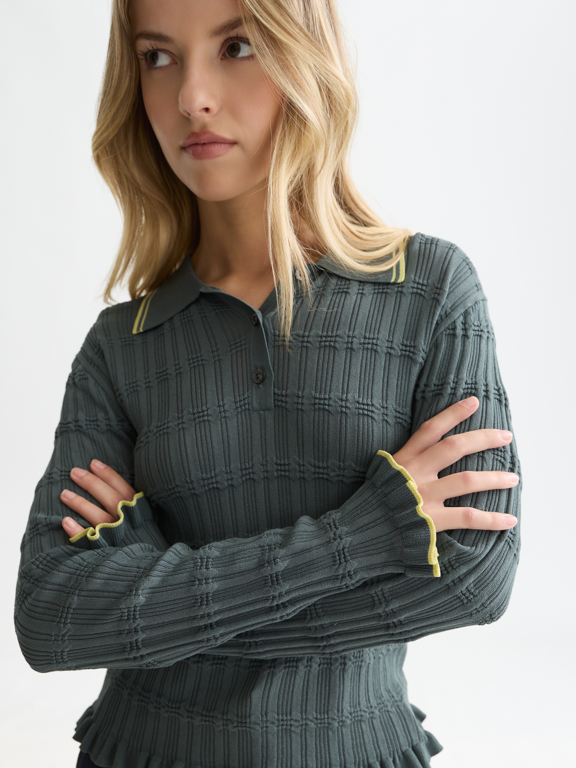 Ripple Stitch Polo-Neck Pullover