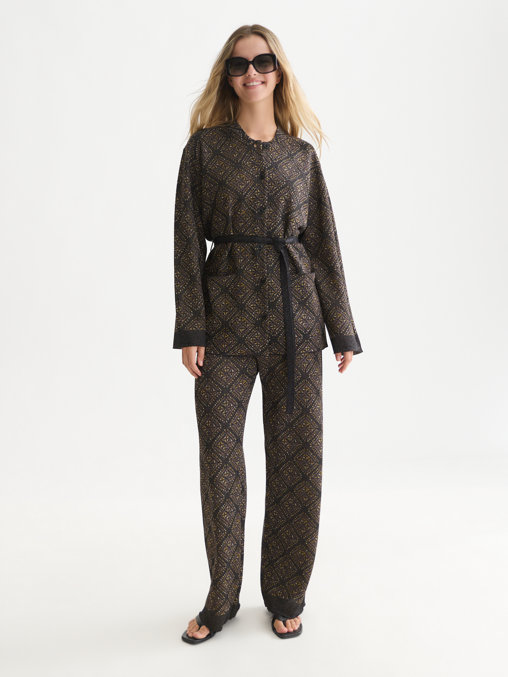 Jacquard Knit Belted Jacket