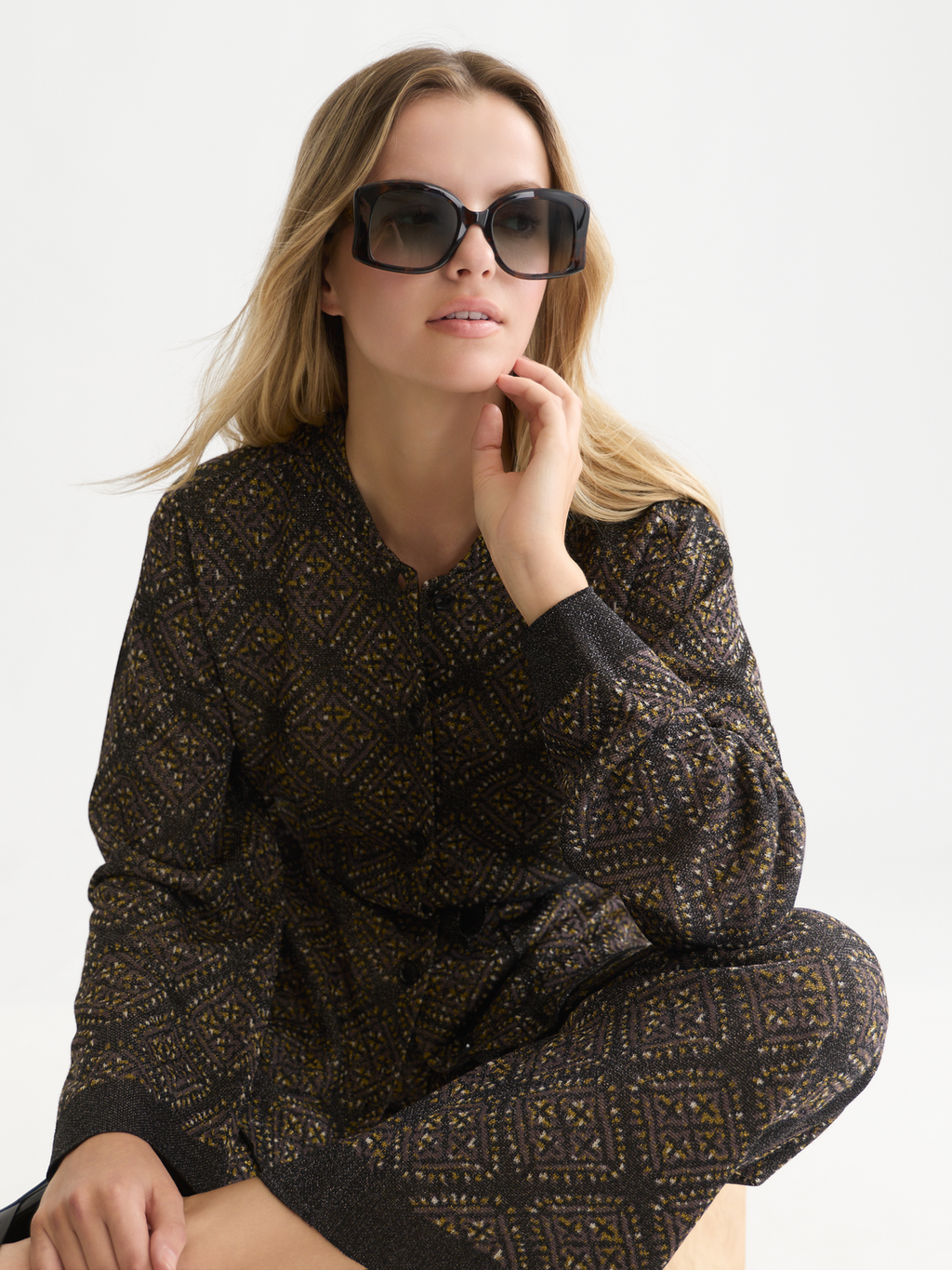 Jacquard Knit Belted Jacket