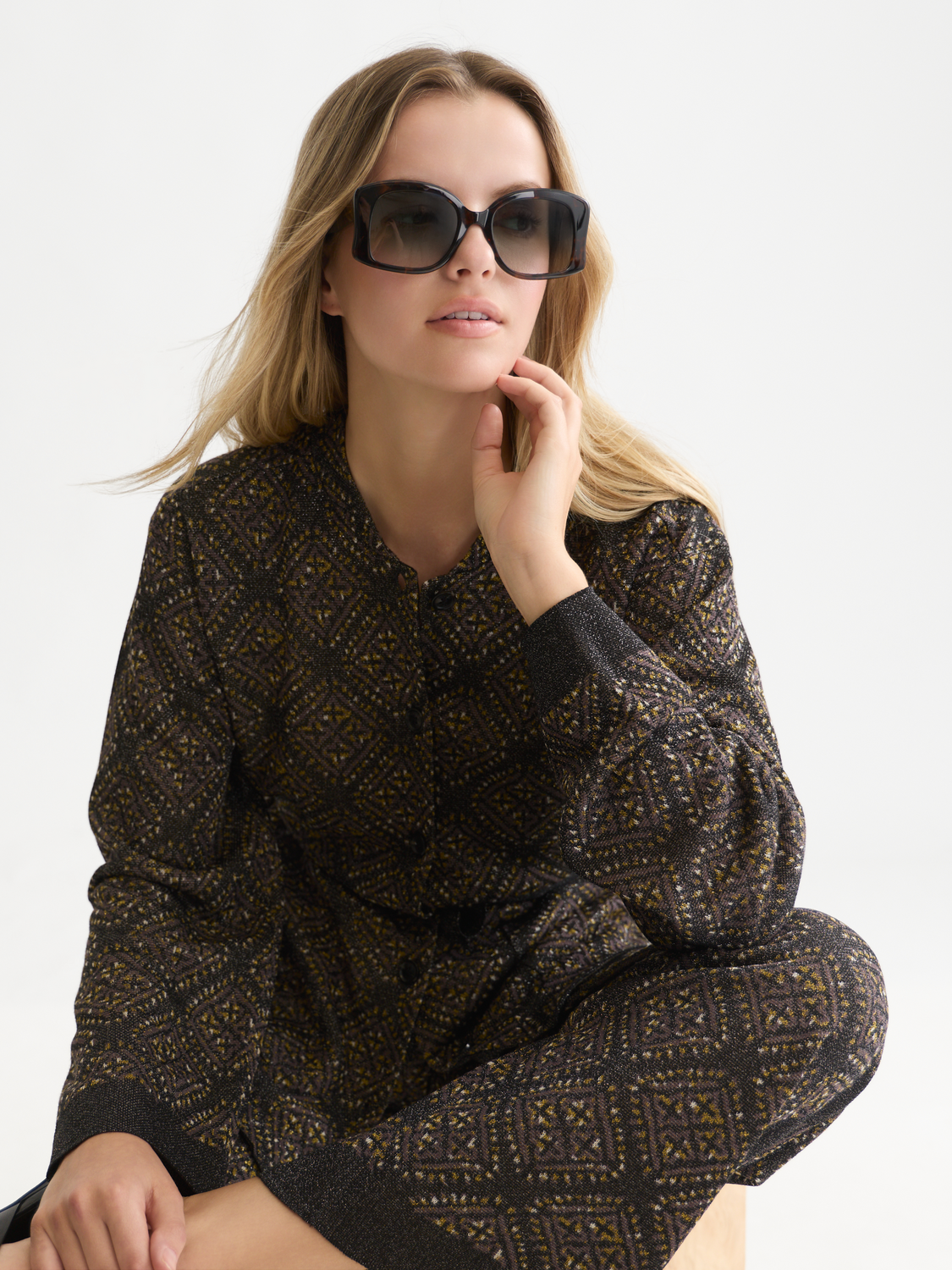 Jacquard Knit Belted Jacket