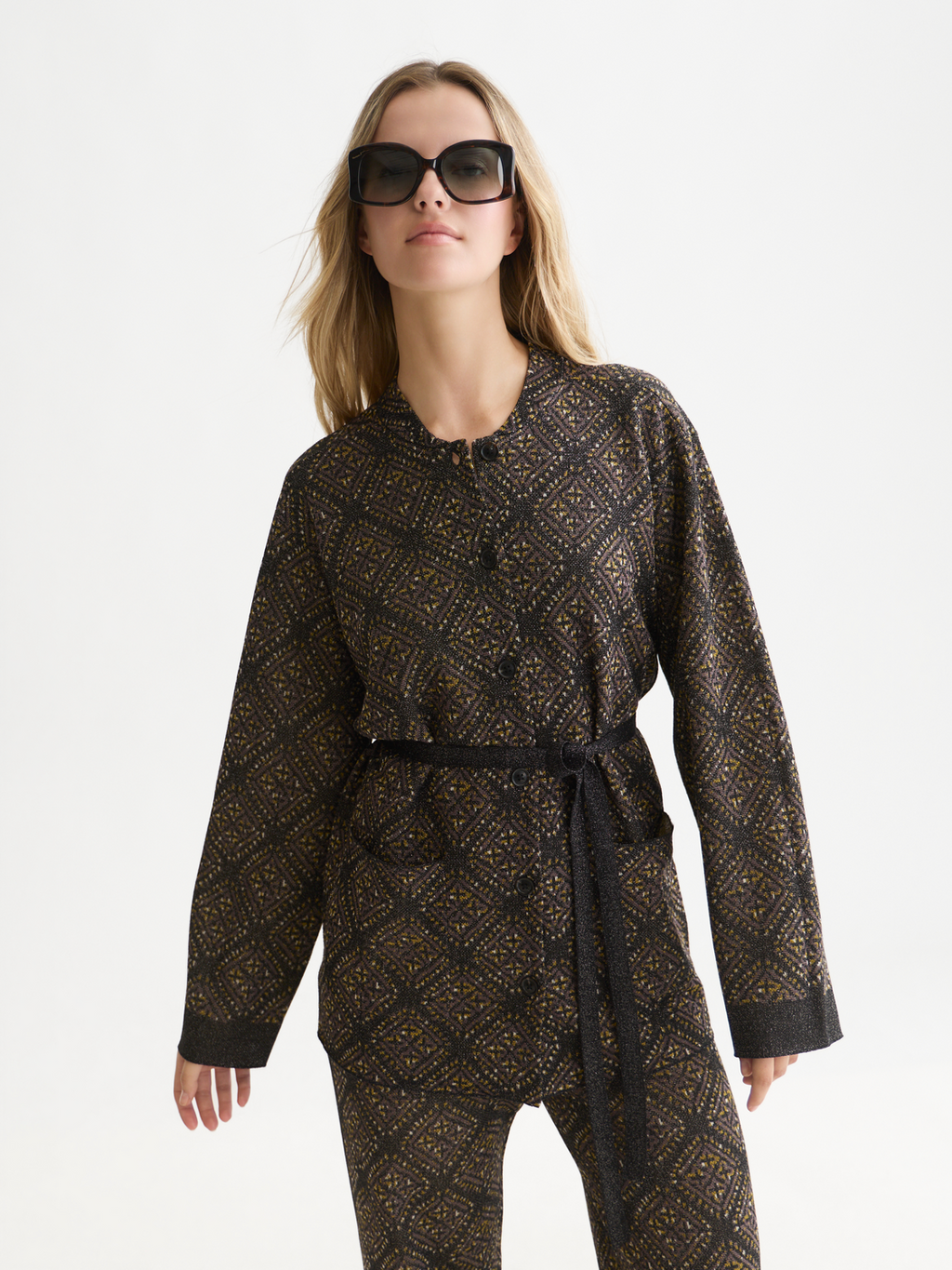 Jacquard Knit Belted Jacket