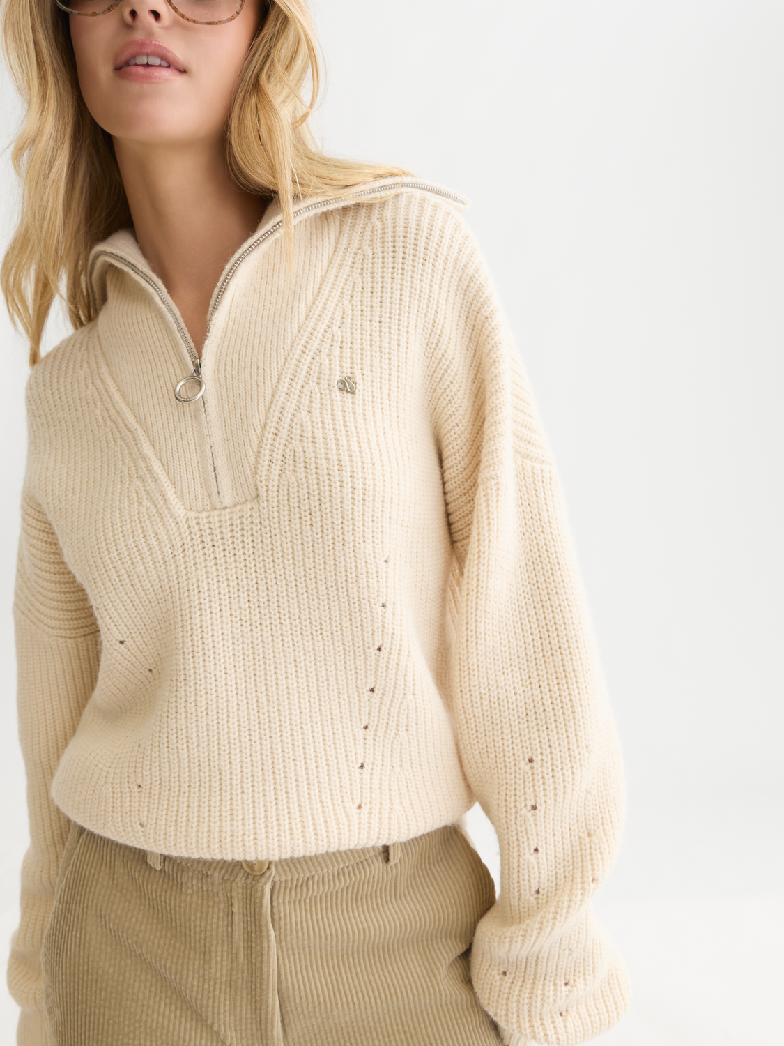 Half-Zip Cotton-Wool Blend Relaxed Pullover